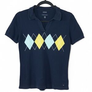 Tommy Hilfiger Argyle Polo Shirt Navy Blue Yellow Short Sleeve Size M Preppy